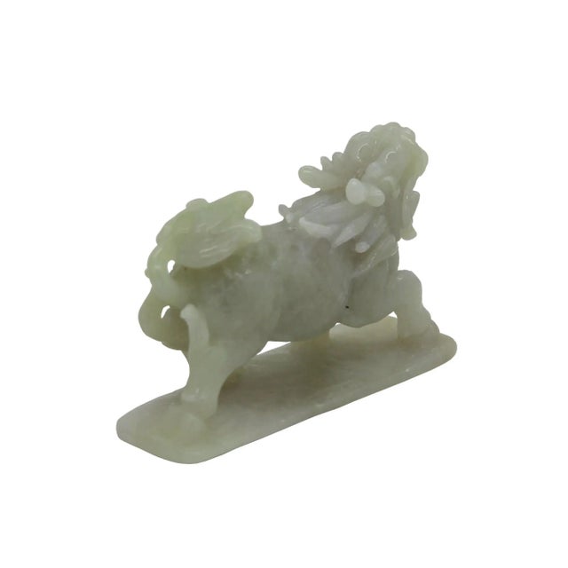 Detail Chinese Hand Carved Natural Jade Lucky Feng Shui Kirin Statue For Sale - Image 4 of 6