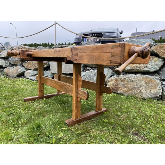 Rustic, practical, old, solid wood workbench/desk with German spindle. Dimensions: Height x Width x Depth 86 x 201 x 92 cm...