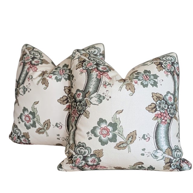 Lee Jofa Benday Floral Pillows in Green & Rose With Fermoie Pink Striped Backs For Sale In Greensboro - Image 6 of 8
