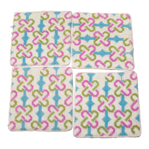 Set of 4 Handmade Needlepoint Pink and Breen Geometric Drink Coasters