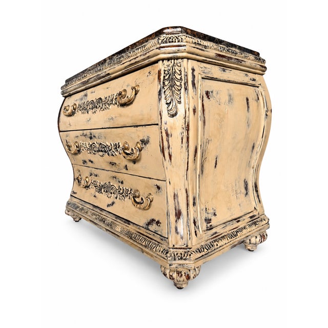 French Provincial French Provincial Chest of Drawers • Distressed Cream Dresser • Caramel Marble Top •Carved Solid Wood • 3 Drawer Vintage Furniture For Sale - Image 3 of 6