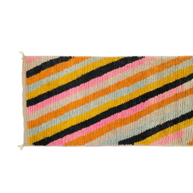 Contemporary Bold Diagonal Stripe Hand-Knotted Moroccan Wool Runner | 12'11" X 2'7" | One of a Kind For Sale - Image 3 of 10