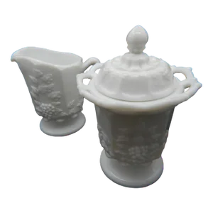 Vintage 1950s Westmoreland White Milk Glass Paneled Grape Creamer & Sugar Bowl Set with lid