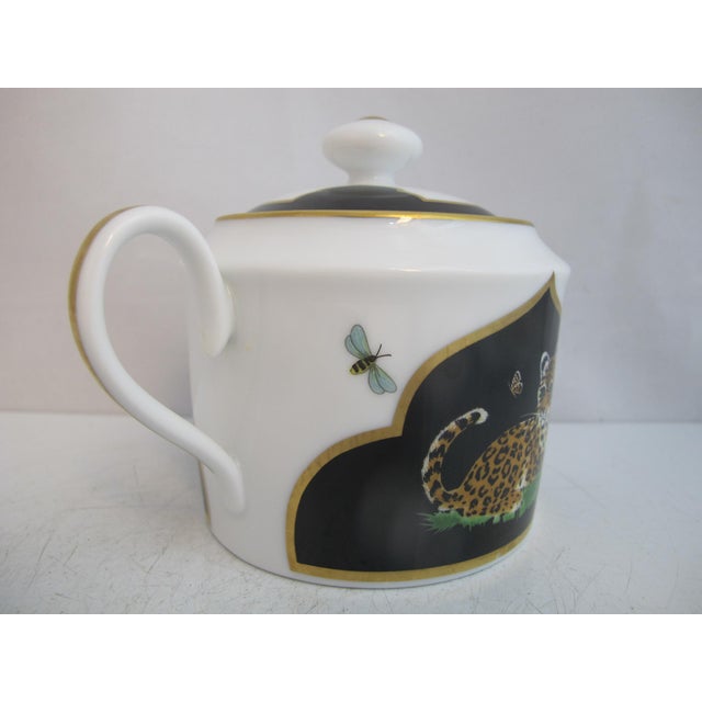 Incredibly sweet porcelain sugar bowl with lid and handles from the Lynn Chase 1988 "Jaguar Jungle" collection. White...