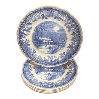 Spode Winters Eve Blue Dinner Plates - Set of 6 For Sale