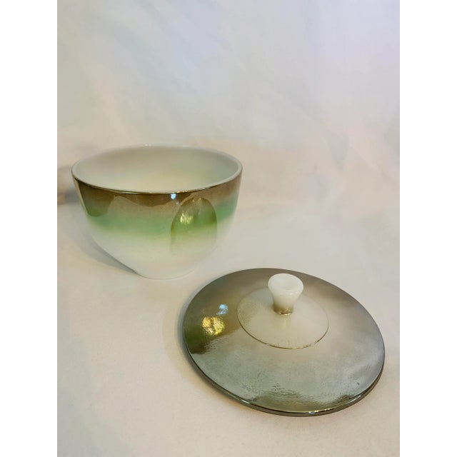 Mid-Century Modern Mid-Century Iridescent Green & Copper Tone Federal Glass Vanity Jar For Sale - Image 3 of 11