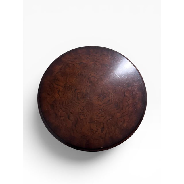 Theodore Alexander Burl Wood Accent / Martini Table With Drawer & Engraved Metal Supports For Sale In Boston - Image 6 of 10