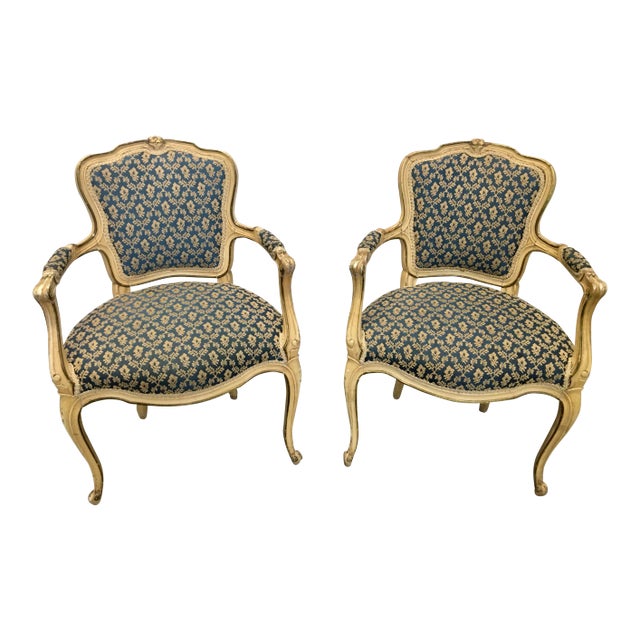 Antique Upholstered French Fauteuil Armchairs - a Pair For Sale