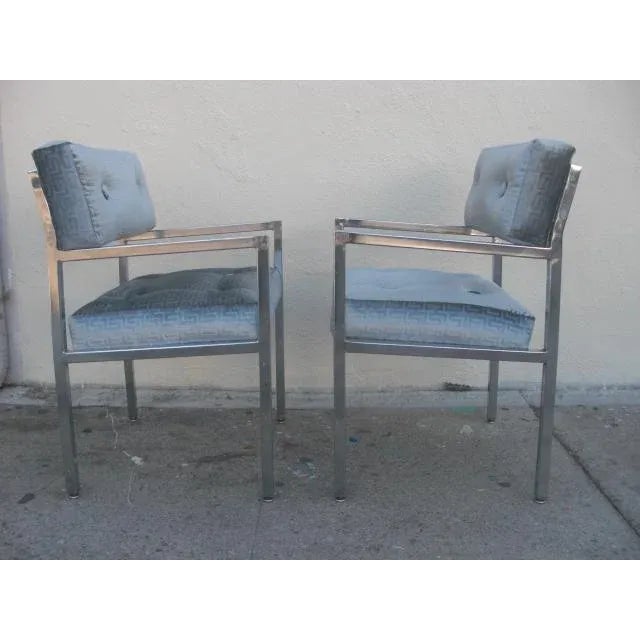 Milo Baughman 1970s Modern Chrome Armchairs in Greek Key Velvet Upholstery - a Pair For Sale - Image 4 of 13