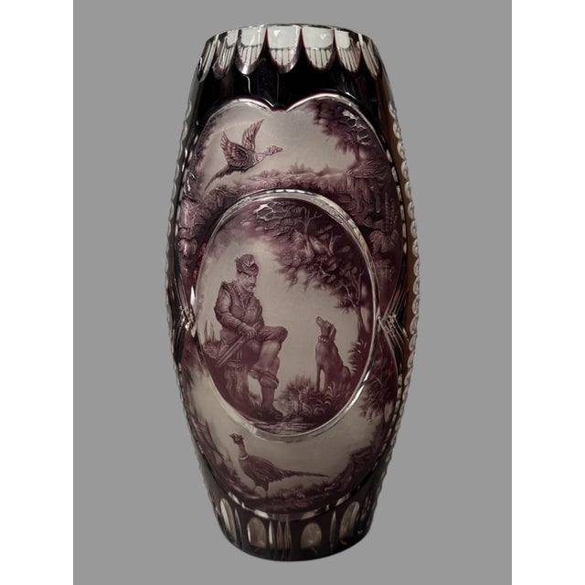 Mid 20th Century Dresden Amethyst Cut to Clear Art Glass Vase With Landscape Hunting Scene For Sale - Image 11 of 11
