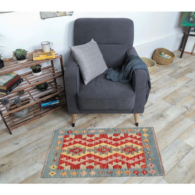 Shabby Chic Shabby Chic Kilim Kelvin Red Blue Hand-Woven Wool Rug For Sale - Image 3 of 9