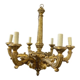 Very High-End Italian Style Hand-Carved Giltwood Chandelier With 6 Arms For Sale