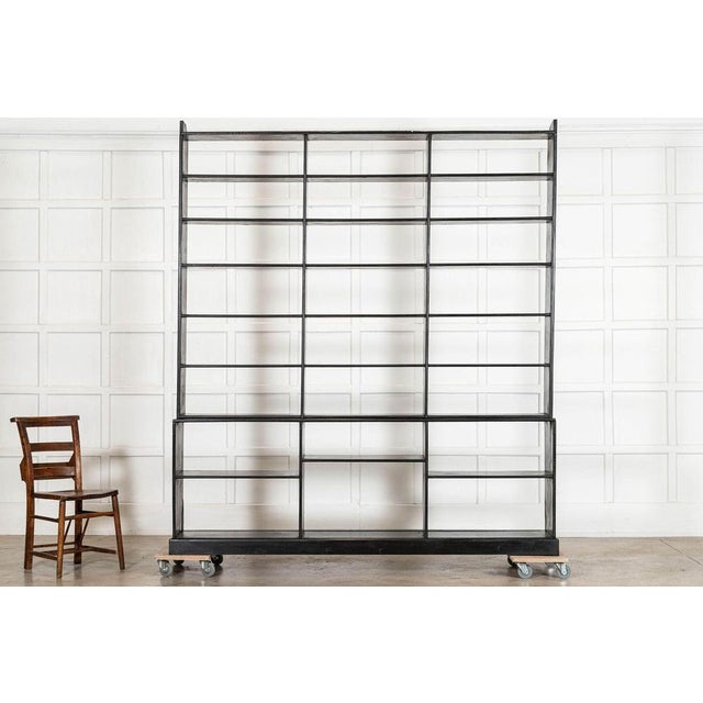 Circa 1890 large 19thc english pine ebonised haberdashery display bookcase sku 2254 together w205.5 x d35 x h230.5 cm base...