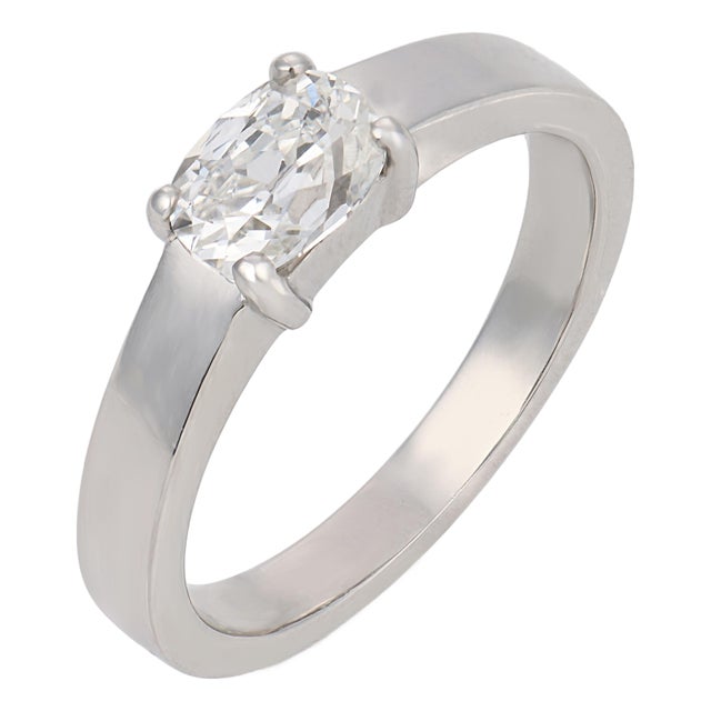 Vintage Gia 0.80 East West Old Mine Cut Diamond Platinum Engagement Ring, Size 6 For Sale