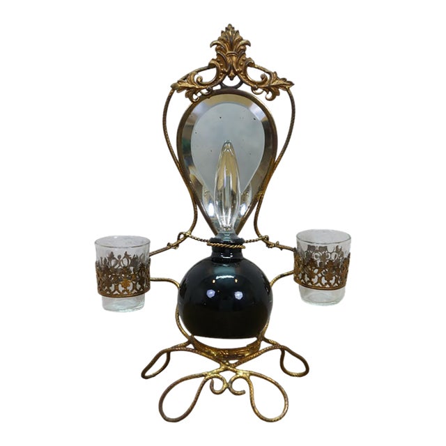 Antique French Napoleon III Gilt Brass Table Top Perfume Vanity Set & Mirror 10" For Sale
