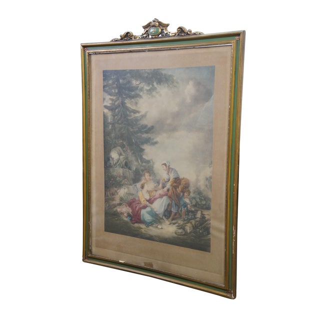Art Deco Antique François Boucher Pastoral Fortune Teller Scene Lithograph Print 31" For Sale - Image 3 of 13