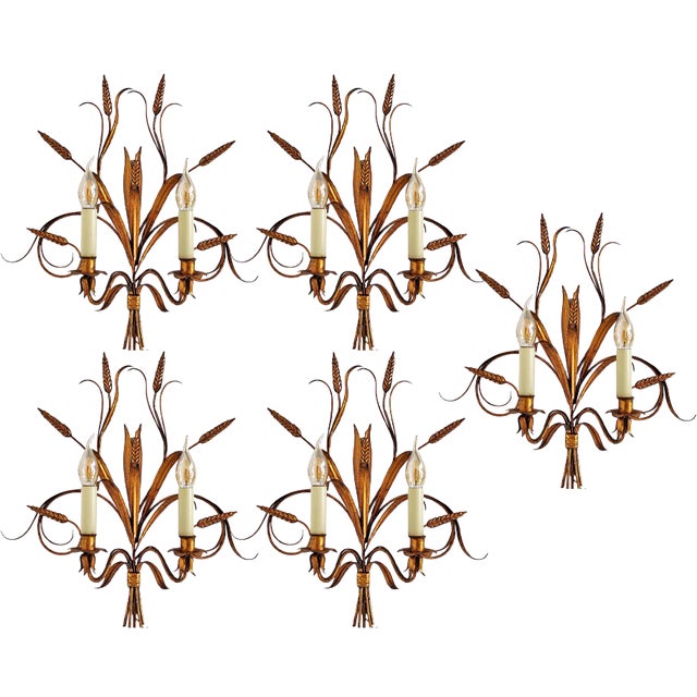 Italian Gilt Tole Wall Sconces with Wheat Sheaf, 1950s, Set of 5 For Sale
