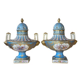 Pair of Sèvres Style Celestial Blue Porcelain Urns. Early 20th Century, France. For Sale