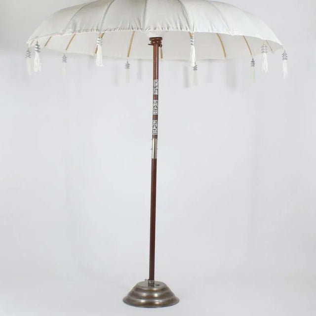 Wood Anglo-Indian Style White Cotton Umbrella For Sale - Image 7 of 8