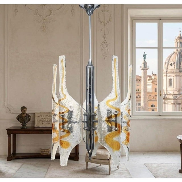 1970s Murano Large Glass Tubular Chandelier in Clear and Amber For Sale - Image 6 of 6