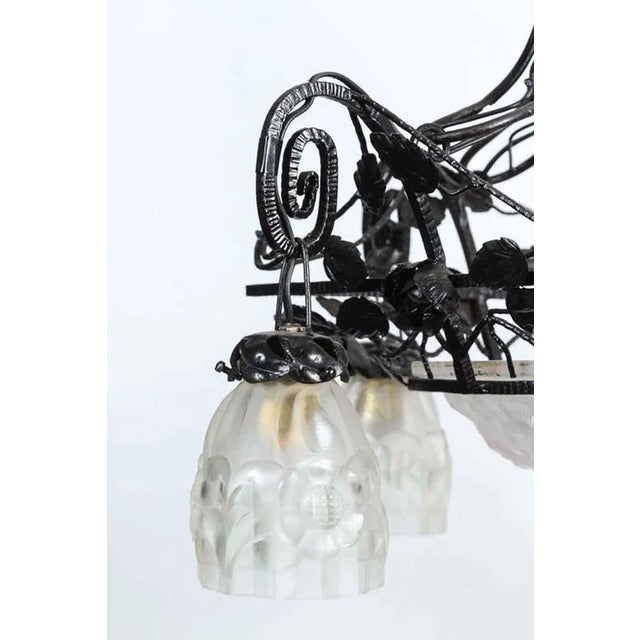 Black 1930s Art Deco Wrought Iron & Glass 4 Light Chandelier For Sale - Image 8 of 9