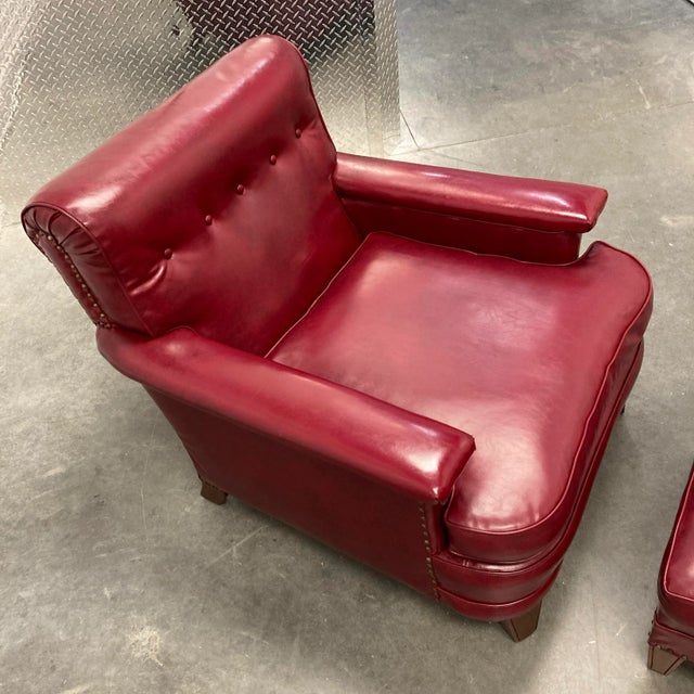 Wood American Art Deco Club Chair & Ottoman in Red Naugahyde - a Pair For Sale - Image 7 of 13