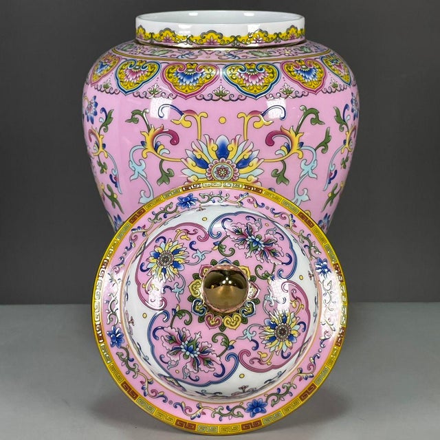 Pink Chinese Pink Ground Famille Rose Porcelain Covered Jar With Lotus Motif For Sale - Image 8 of 9