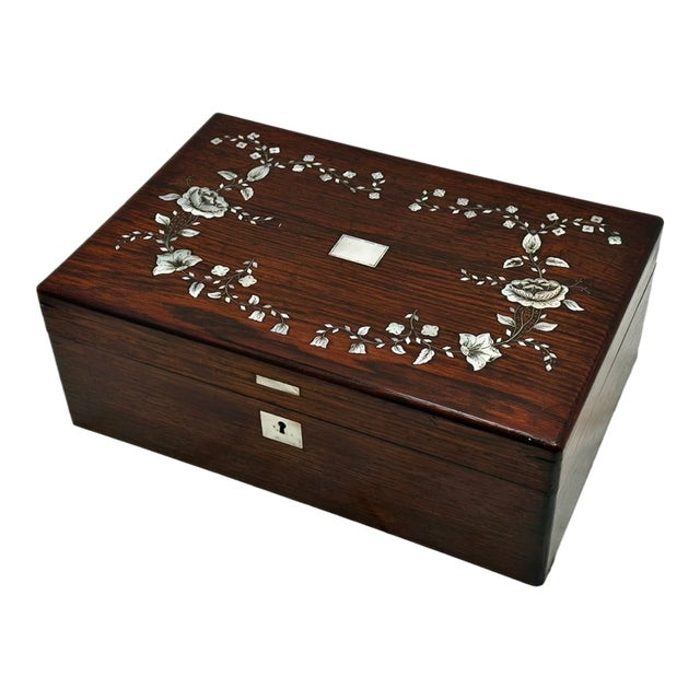 Outstanding Antique Victorian Rosewood Veneer Sewing Box With Fancy Abalone Seashell Inlay Flowers - Circa 1870s For Sale