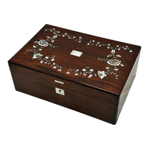Outstanding Antique Victorian Rosewood Veneer Sewing Box With Fancy Abalone Seashell Inlay Flowers - Circa 1870s