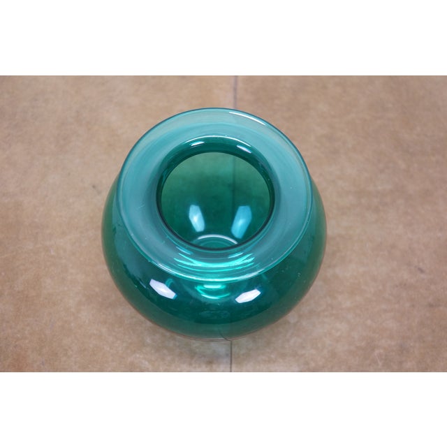 Vintage Hand Blown Teal Green Glass Vase Urn Leech Bowl 6" For Sale - Image 6 of 12