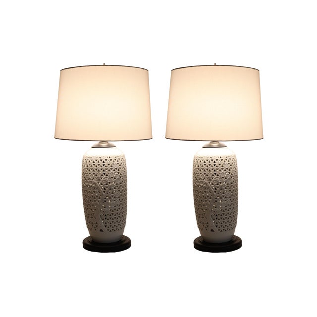 Vintage Reticulated Blanc De Chine Table Lamps, a Pair For Sale - Image 6 of 15