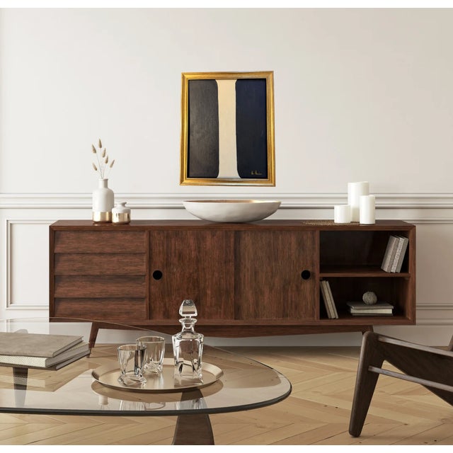 Bryan Boomershine, original abstract Mid-Century Inspired Painting in cream and black with a gold frame. This painting...