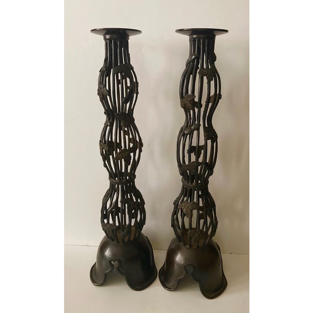 Metal 1940s Japanese Bronze Candle Stands/Holders a Pair For Sale - Image 7 of 7
