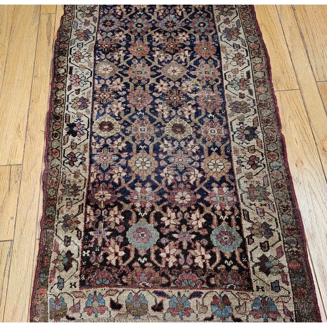 Textile 19th Century Kurdish Bidjar Runner Rug, Hand-Knotted Wool, All Over Geometric Pattern, Blue & Ivory, 4x8 For Sale - Image 7 of 14