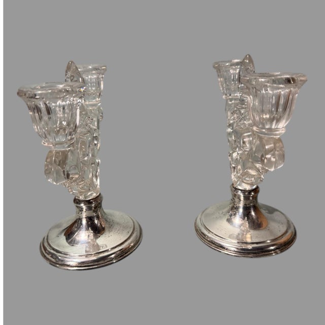 Pair of Mid 20th Century Hawkes Sterling Silver & Ornate Glass 2-Light Candelabras For Sale - Image 4 of 10