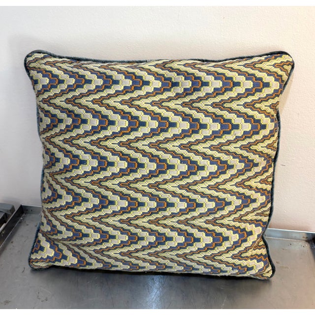 Mid-Century Modern Blue/Multicolored Woven Flamestitch Pillow For Sale - Image 3 of 3