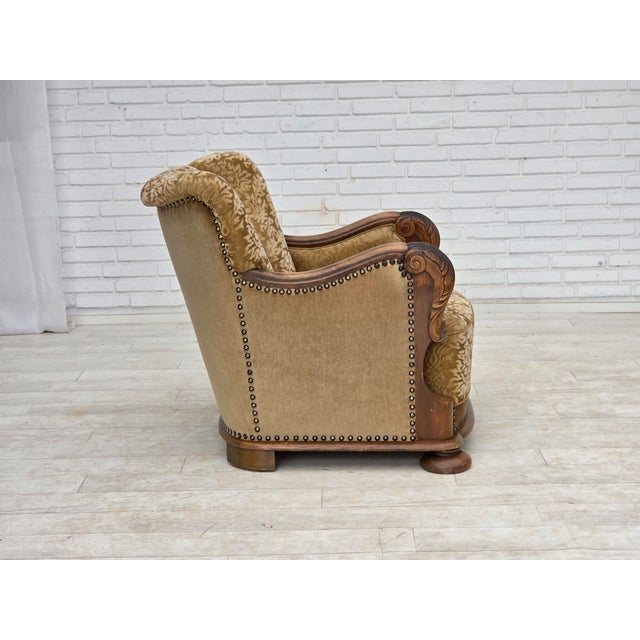 Beige Danish Relax Armchair in Furniture Velour and Carved Oak Wood, 1950s For Sale - Image 8 of 18