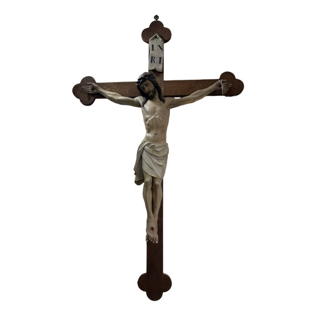 Antique Polychrome Wooden Crucifix, 1890s For Sale