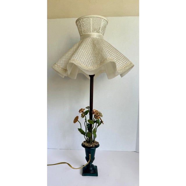 Vintage Tole Potted Floral Table Lamp With Urn Base & Ruffled Shade, 1970s For Sale - Image 10 of 12