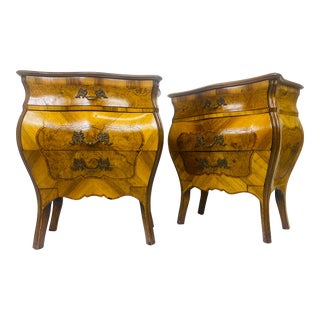 Elegant Mid Century Italian Burled Olive Wood Bombay Style Nightstands/A Pair. For Sale