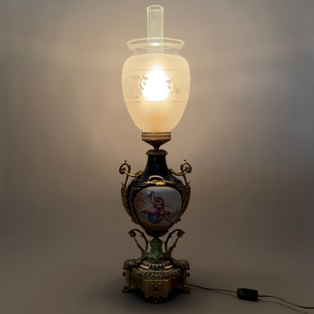 Antique French Porcelain, Brass and Satin Glass Table Lamp, 20th Century, in Flawless conditions. Designed 1920 to 1949...