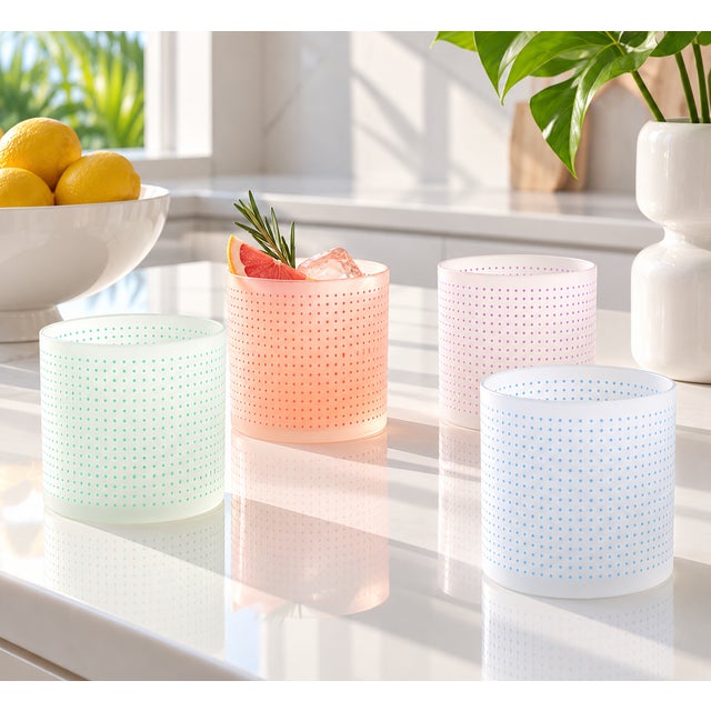 A set of four frosted glass old fashioned cocktail glasses, with a microdot grid pattern in green, purple, blue and pink....
