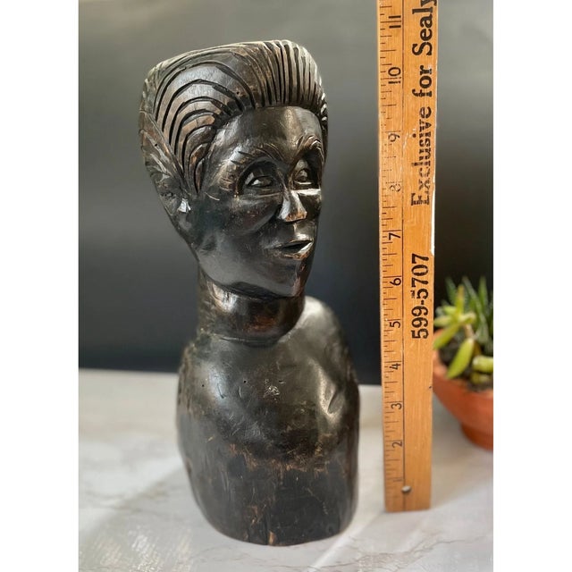 Mid-Century Modern Vintage Hand-Carved Wooden Bust Sculpture Signed Roy • Fine Arts Decor For Sale - Image 3 of 10