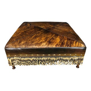 French Provincial Style Cowhide Leather Fringe Cocktail Ottoman Bench For Sale