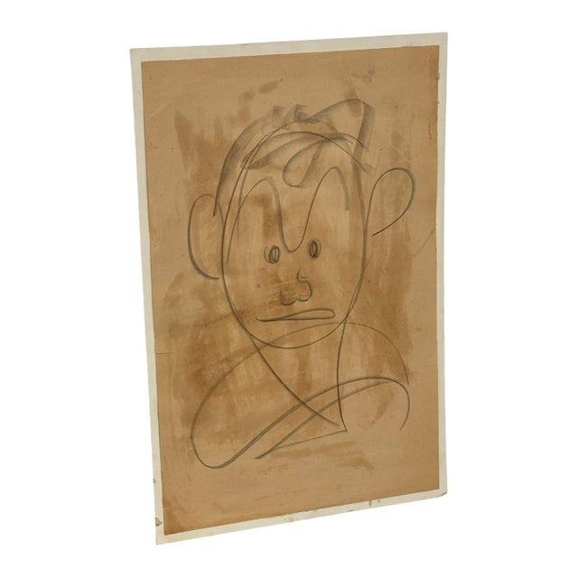 Original vintage abstract portrait drawing by Jerry Owens, executed in graphite on toned paper. The composition features a...