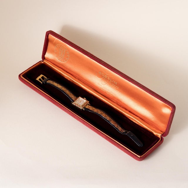 Metal Vintage 1950's Gübelin 18k Yellow Gold & Enamel Watch With Silver Satin Dial For Sale - Image 7 of 13