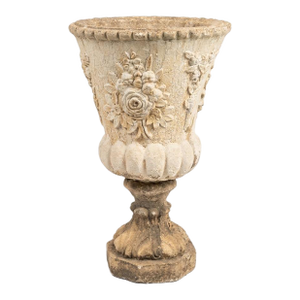 Vintage French Style Cast Stone Floral Relief Garden Urn