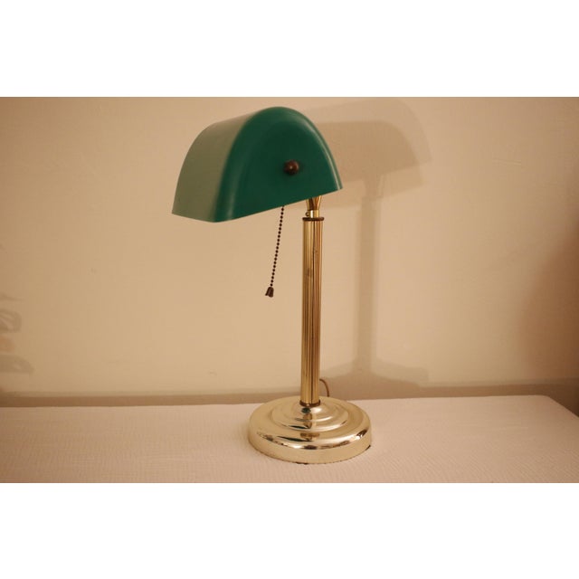 Vintage Ministerial Art Deco Style Brass Banker's Desk Lamp With Emerald Green Shade For Sale - Image 6 of 12