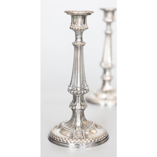 English Antique Neoclassical Style English Silver Plate Candlesticks - a Pair For Sale - Image 3 of 9