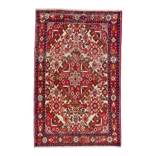 1960s Vintage Persian Hamadan Red Handmade Medallion Wool Rug For Sale
